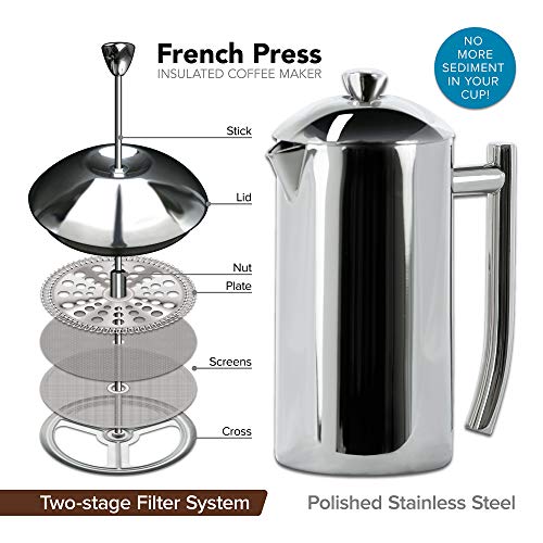 Frieling Double-Walled Stainless-Steel French Press Coffee Maker - Polished, 36 oz - Insulated Coffee Presser Stainless Steel - Coffee Press Pot - Stainless Steel Press Pot - Press Pot Insulated