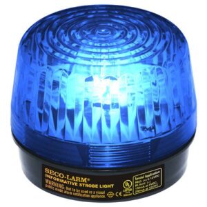 Seco-Larm SL-1301-SAQ/B Blue Lens Strobe Light, 10 Vertical LED strips (54 LEDs) increase visibility from various directions, Built-in 100dB programmable siren, Six different flash patterns