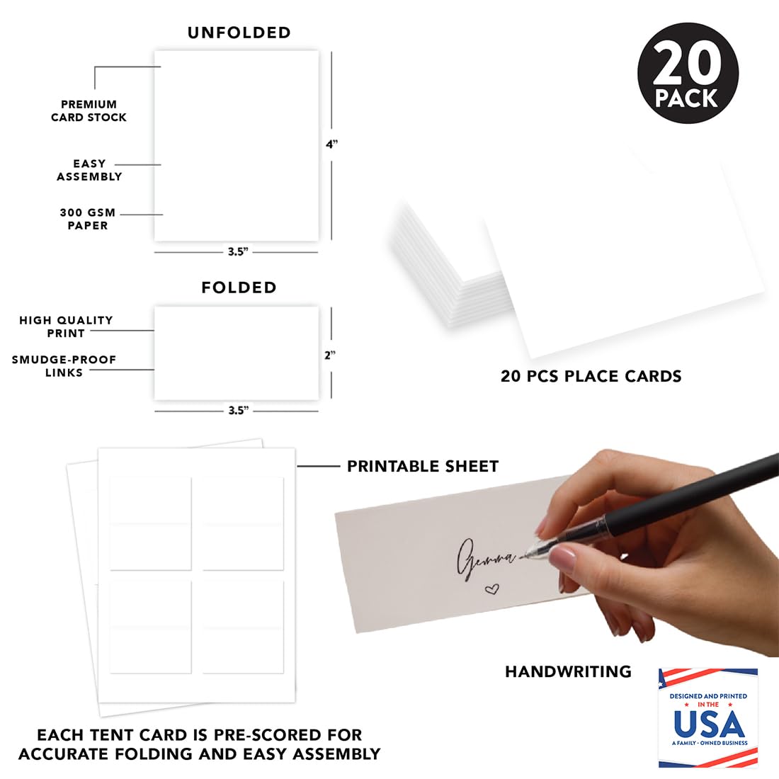 Andaz Press Table Tent Printable Place Cards White 20-Pack Seat Placement Cards Blank Place Cards For Table Settings Name Cards for Bridal Wedding Shower School Graduation Food Cards White Place Cards