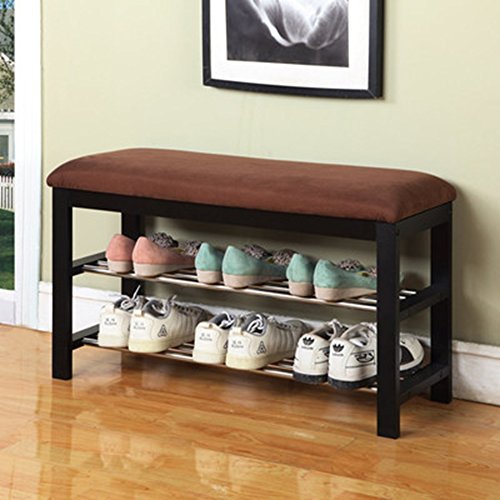 Roundhill Furniture Dark Espresso Wood Shoe Bench with Chocolate Microfiber Seat, Brown, 19.00 x 12.00 x 13.00 Inches