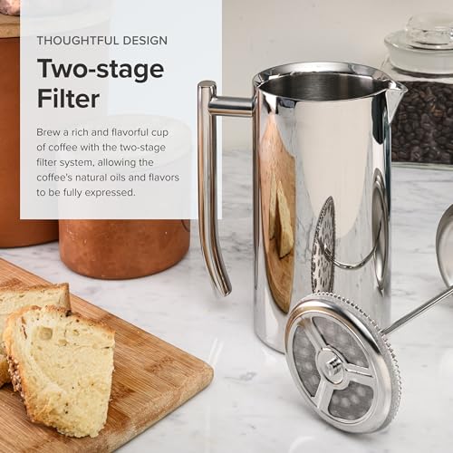 Frieling Double-Walled Stainless-Steel French Press Coffee Maker - Polished, 36 oz - Insulated Coffee Presser Stainless Steel - Coffee Press Pot - Stainless Steel Press Pot - Press Pot Insulated