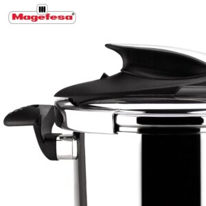 Magefesa® Nova 6.3 Quart Stove-top Super Fast Pressure Cooker, Easy and Smooth Locking Mechanism, Polished 18/10 Stainles Steel, Suitable Induction, 5 Security Systems, 11.6 PSI Working pressure