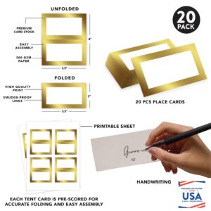 Andaz Press Table Tent Printable Place Cards, Metallic Gold 20-Pack,Seat Placement Cards Blank Place Cards for Table Settings Name Cards for Baby Shower, School Graduation Food Cards