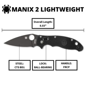 Spyderco Manix 2 Lightweight Signature Knife with 3.37" CTS BD1 Black Steel Blade and Black FRCP Handle - PlainEdge - C101PBBK2