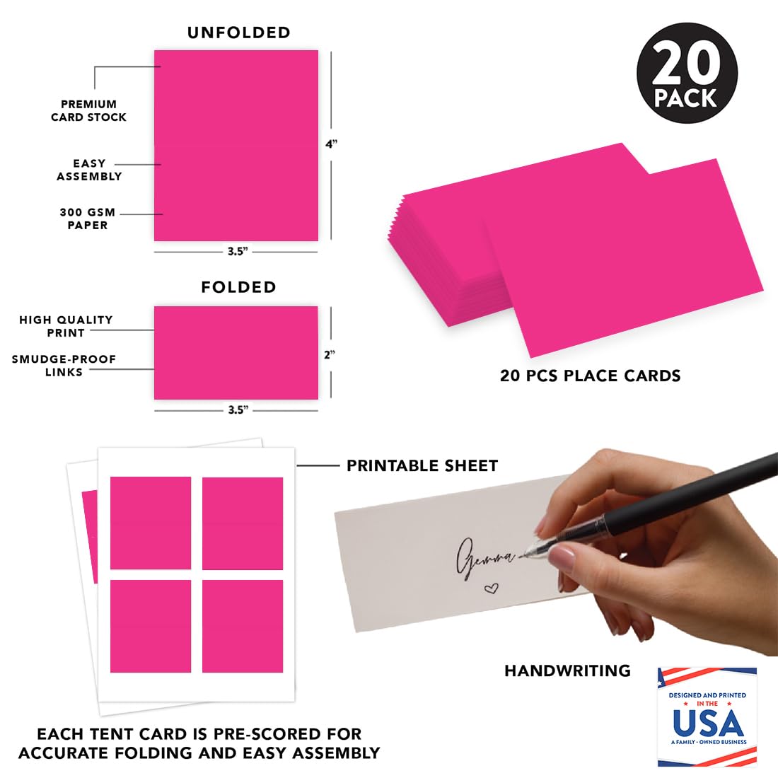 Andaz Press Table Tent Printable Place Cards, Fuchsia 20-Pack, Seat Placement Cards Blank Place Cards For Table Settings Name Cards for Baby Bridal Wedding Shower, School Graduation Food Cards