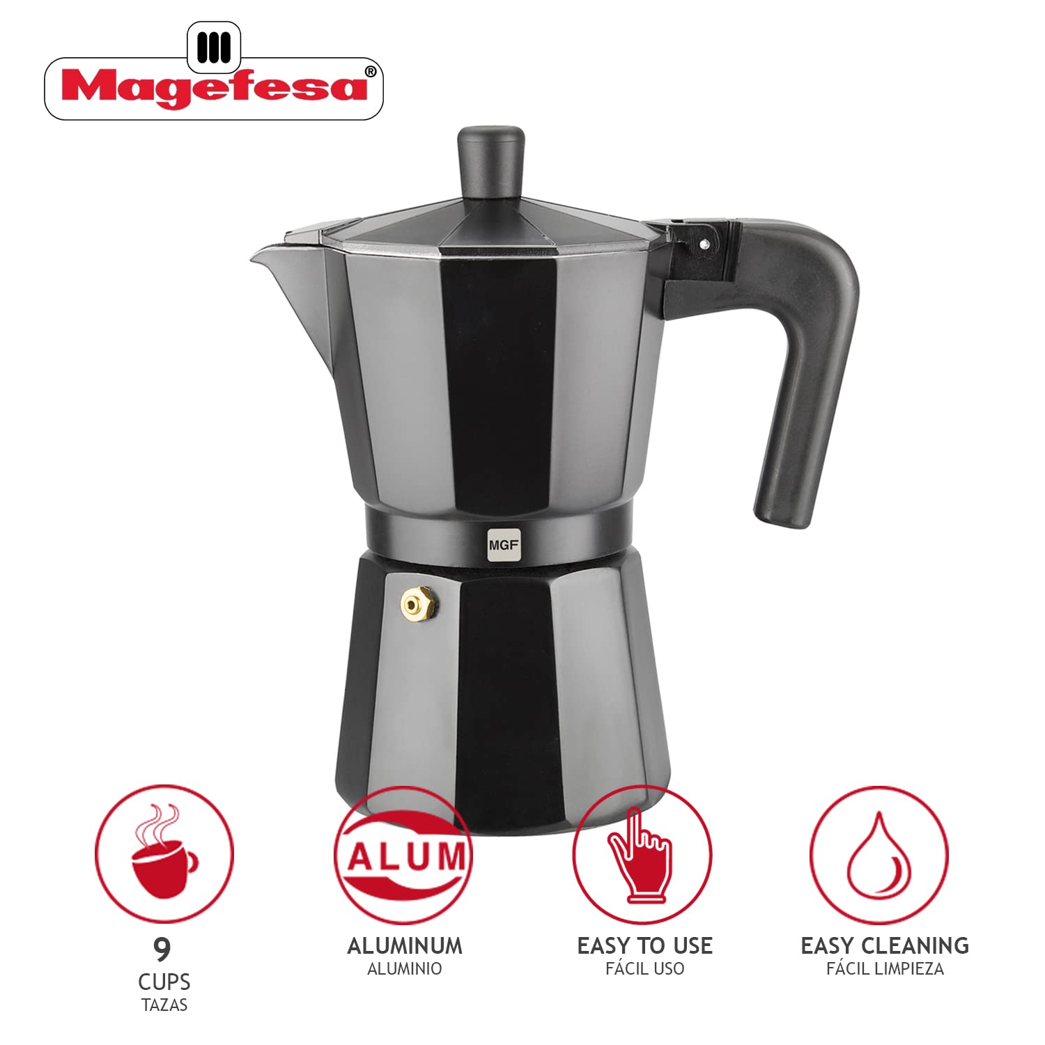 MAGEFESA Kenia Noir Stovetop Espresso Moka Pot, 9-Cup/15 oz, Italian Coffee Maker for Cuban Coffee, Extra-Thick Aluminum, Heat-Resistant Handle, Safe & Easy-to-Use, Greca Coffee Maker