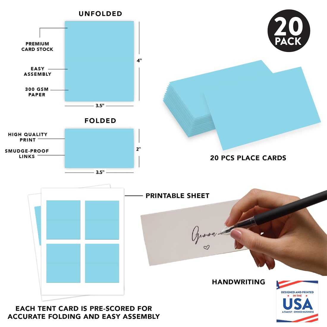 Andaz Press Table Tent Printable Place Cards, Baby Blue 20-Pack, Seat Placement Cards Place cards Table Settings Name Cards for Baby Bridal Wedding Shower, School Graduation Food Cards