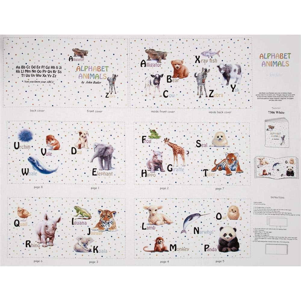 Alphabet Animals Soft Book Panel 36 In., Fabric by the Yard