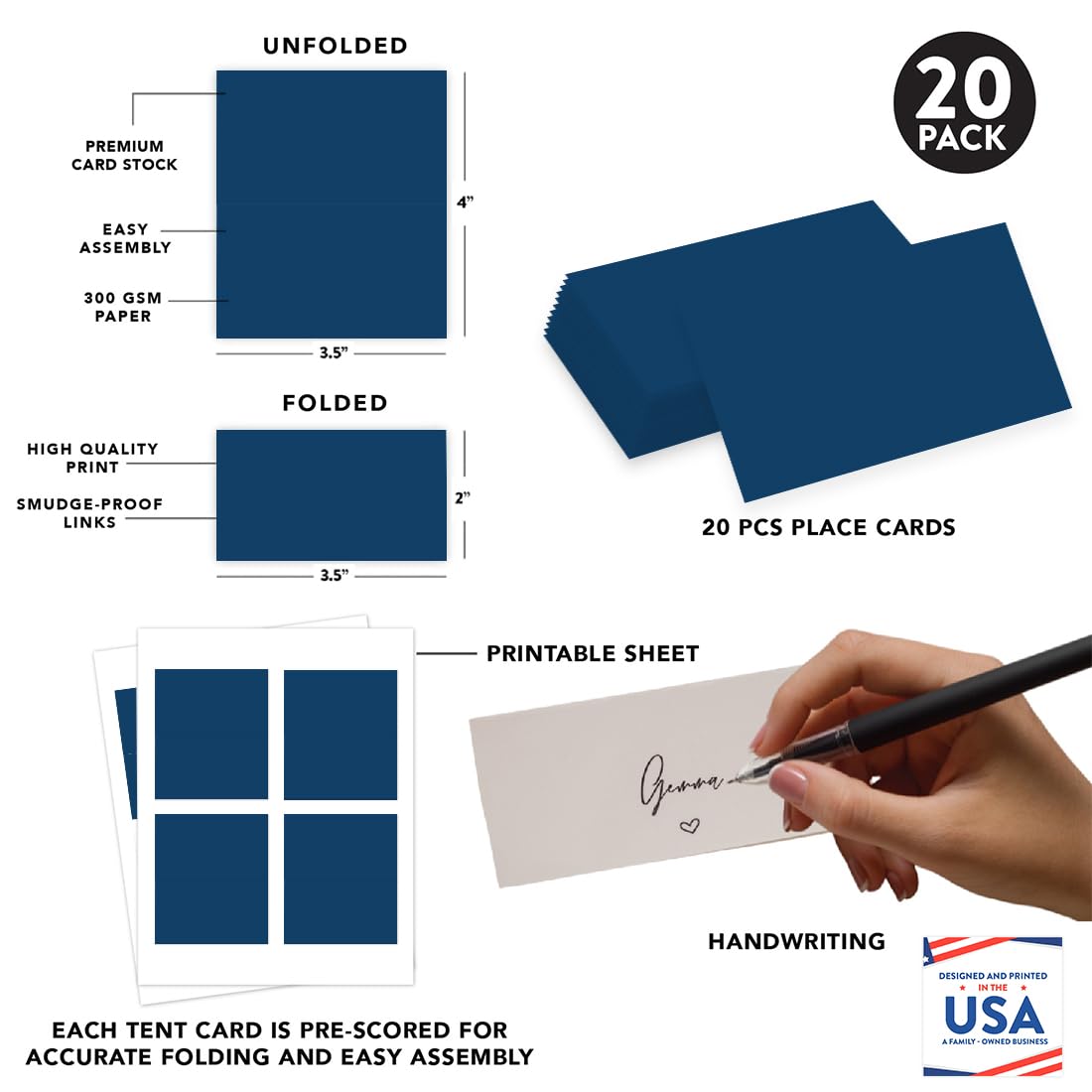 Andaz Press Table Tent Printable Place Cards, Navy Blue 20-Pack, Seat Placement Cards Blank Place Cards For Table Settings Name Cards for Baby Bridal Wedding Shower, School Graduation Food Cards