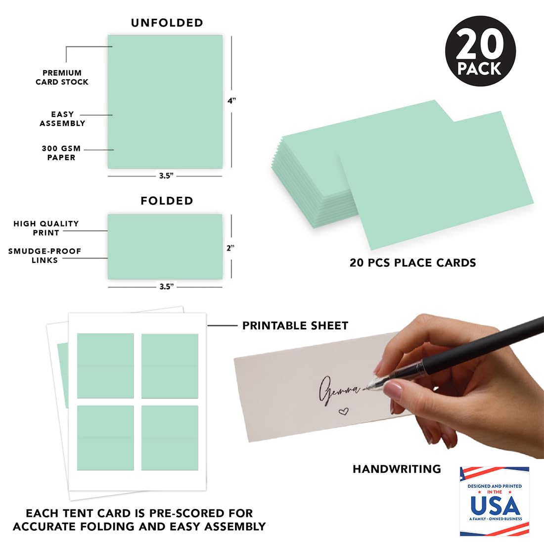 Andaz Press Table Tent Printable Place Cards, Mint Green 20-Pack, Seat Placement Cards Place cards Table Settings Name Cards for Baby Bridal Wedding Shower, School Graduation Food Cards