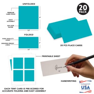 Andaz Press Table Tent Printable Place Cards, Aqua 20-Pack Seat Placement Cards Blank Place Cards Table Settings Name Cards for Baby Bridal Wedding Shower School Graduation Food Cards Blue Place Cards