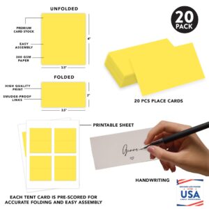 Andaz Press Table Tent Printable Place Cards, Yellow 20-Pack, Seat Placement Cards Blank Place Cards Table Settings Name Cards for Baby Bridal Wedding, School Graduation Food Cards Yellow Place Cards