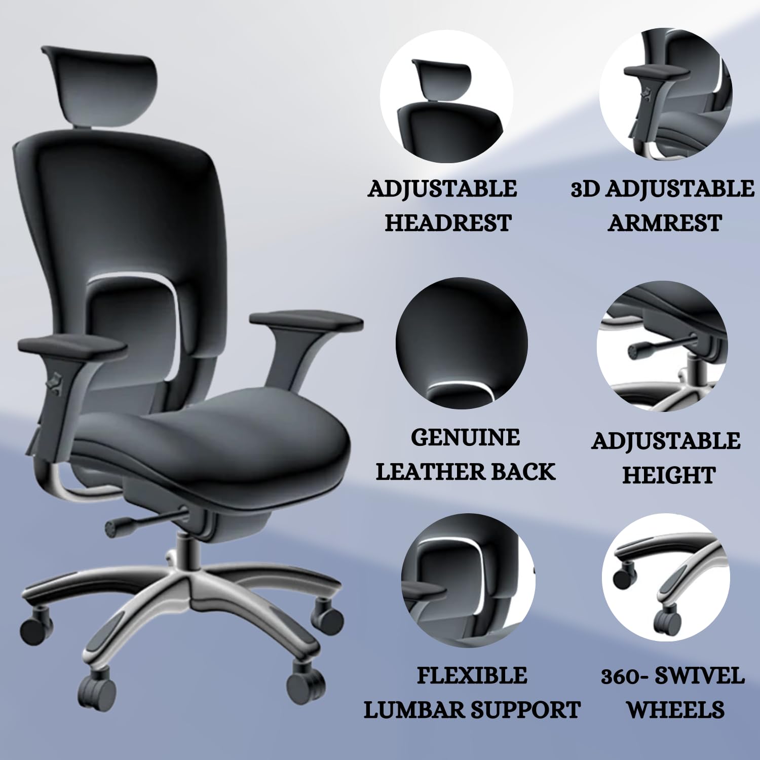 GM Seating - Ergonomic Office Chairs - High Back Desk Chair - Leather Executive Chair with Adjustable Headrest - Lumbar Support and 360 Swivel Chair for Ultimate Comfort and Productivity - Black