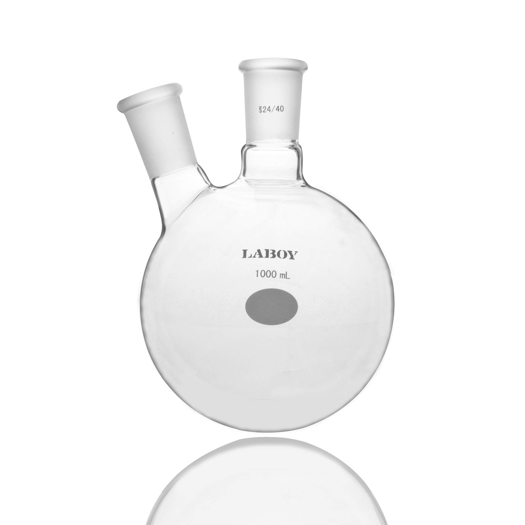 Laboy Glass 1000mL 2 Neck Round Bottom Boiling Flask with 24/40 Center & Side Joints Angled Apparatus Organic Chemistry Lab Glassware