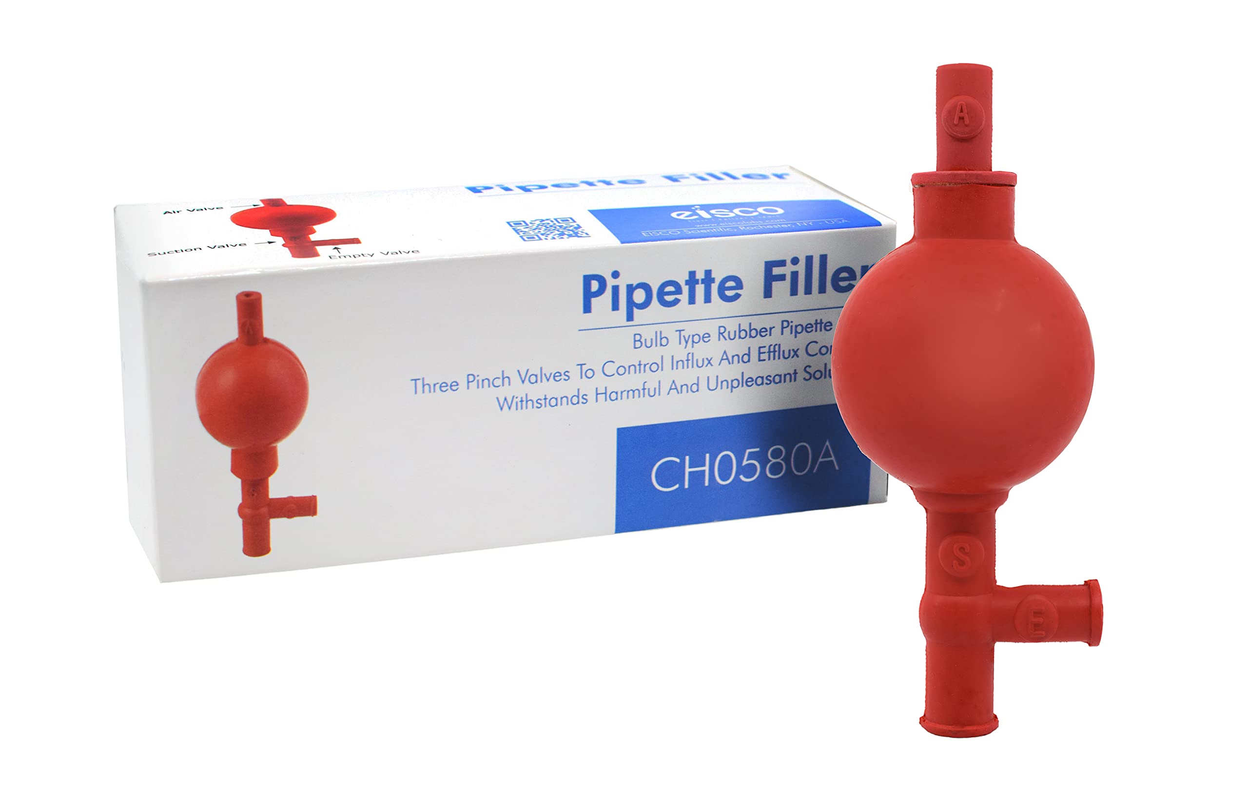 EISCO Pipette Filler, Rubber Bulb - 54mm Dia. Three Pinch Valves - Suitable for Noxious Solutions Labs