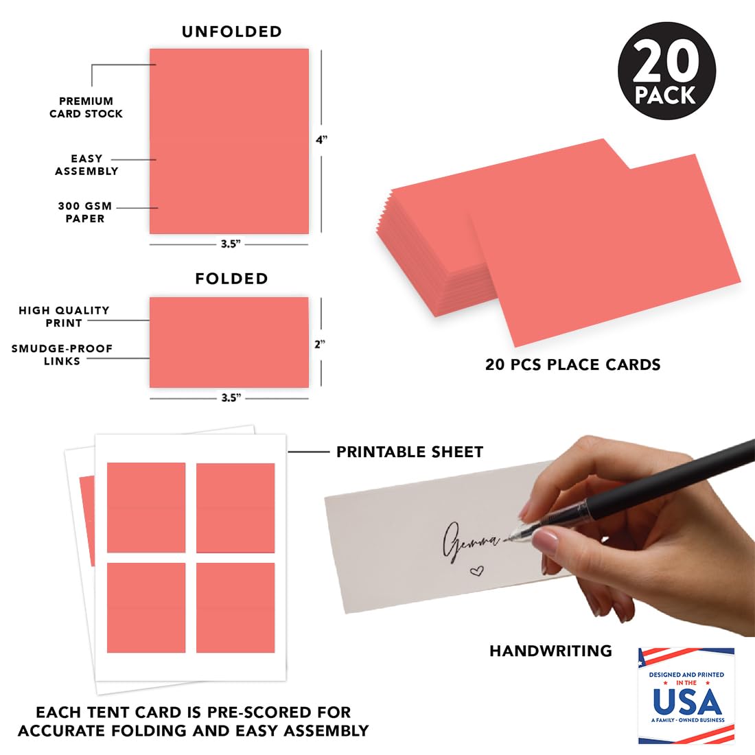 Andaz Press Table Tent Printable Place Cards, Coral 20-Pack, Seat Placement Cards Blank Place Cards For Table Settings Name Cards for Baby Bridal Wedding Shower, School Graduation Food Cards