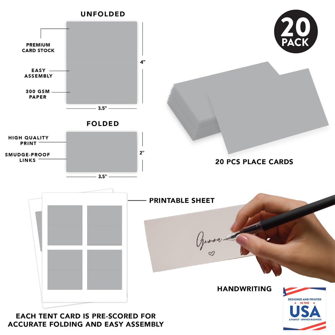 Andaz Press Table Tent Printable Place Cards, Gray 20-Pack, Seat Placement Cards Blank Place Cards Table Settings Name Cards for Baby Bridal Wedding, School Graduation Food Cards Grey Place Cards