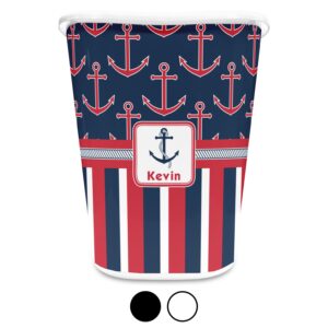 RNK Shops Personalized Nautical Anchors & Stripes Waste Basket - Single Sided (White)