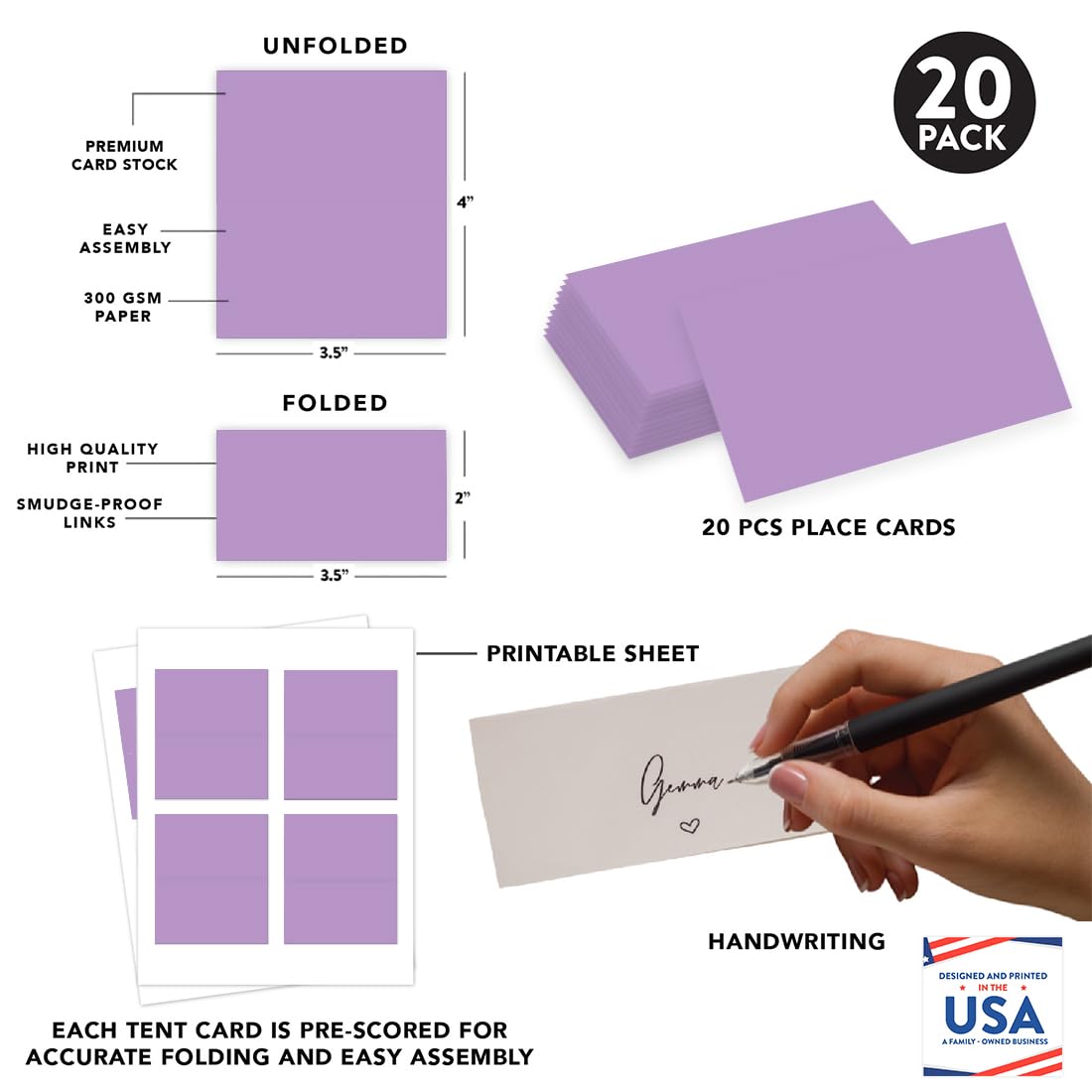 Andaz Press Table Tent Printable Place Cards, Lavender 20-Pack, Seat Placement Cards Blank Place Cards For Table Settings Name Cards for Bridal Wedding, School Graduation Food Cards Purple Place Cards