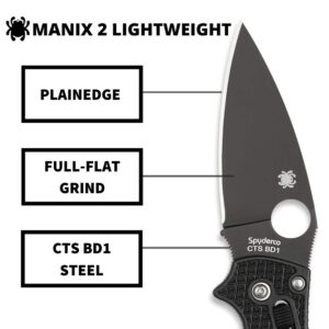 Spyderco Manix 2 Lightweight Signature Knife with 3.37" CTS BD1 Black Steel Blade and Black FRCP Handle - PlainEdge - C101PBBK2