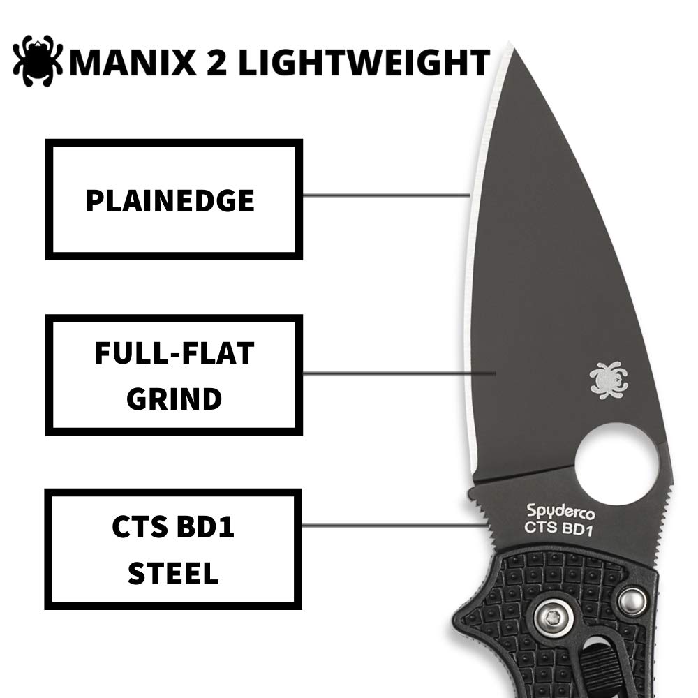 Spyderco Manix 2 Lightweight Signature Knife with 3.37" CTS BD1 Black Steel Blade and Black FRCP Handle - PlainEdge - C101PBBK2