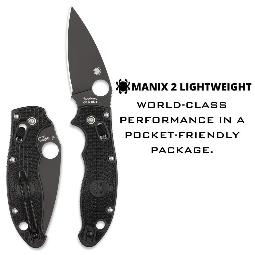 Spyderco Manix 2 Lightweight Signature Knife with 3.37" CTS BD1 Black Steel Blade and Black FRCP Handle - PlainEdge - C101PBBK2