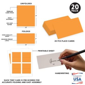 Andaz Press Table Tent Printable Place Cards, Orange 20-Pack, Seat Placement Cards Blank Place Cards For Table Settings Name Cards for Baby Bridal Wedding Shower, School Graduation Food Cards