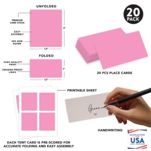 Andaz Press Table Tent Printable Place Cards, Pink 20-Pack, Seat Placement Cards Blank Place Cards Table Settings Name Cards for Baby Bridal Wedding, School Graduation Food Cards Pink Place Cards