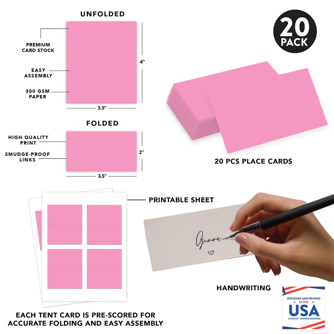 Andaz Press Table Tent Printable Place Cards, Pink 20-Pack, Seat Placement Cards Blank Place Cards Table Settings Name Cards for Baby Bridal Wedding, School Graduation Food Cards Pink Place Cards