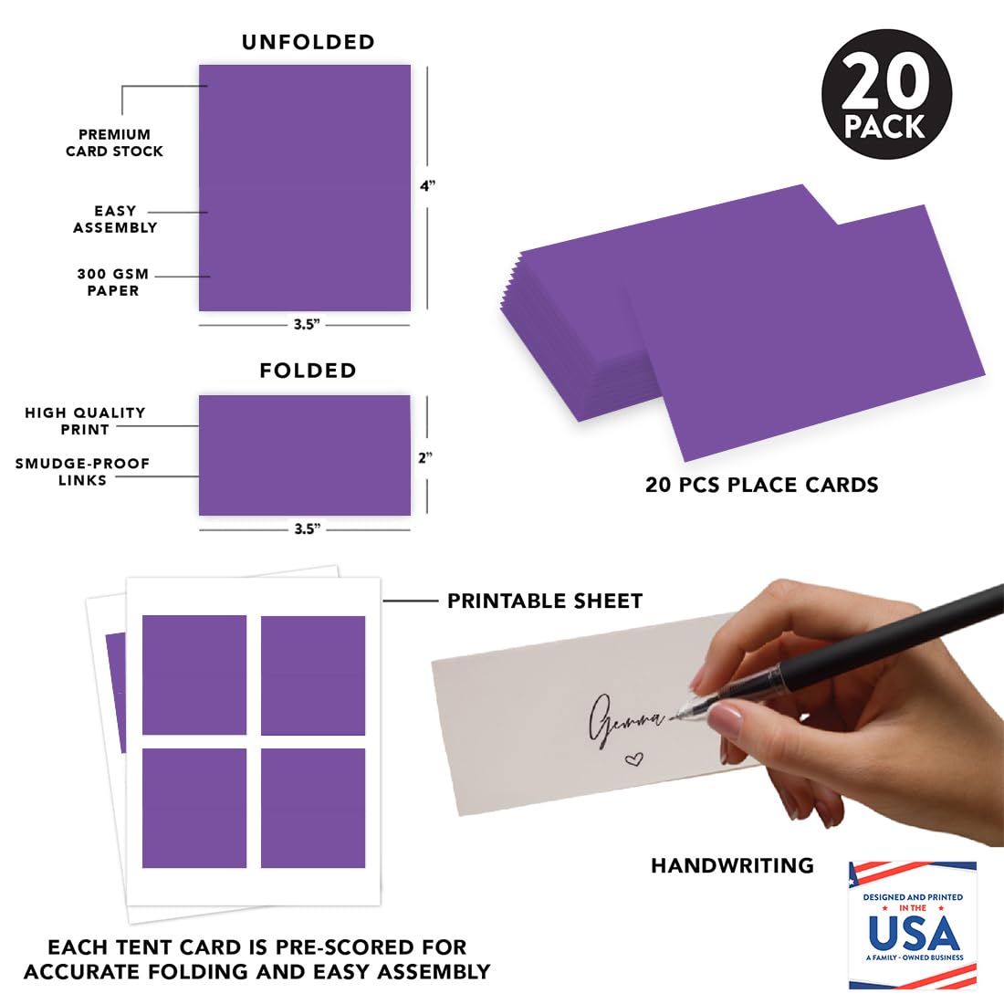 Andaz Press Table Tent Printable Place Cards, Purple 20-Pack, Place Cards For Table Settings Name Cards For Baby Bridal Wedding Shower, School Graduation Food Cards Table Name Cards