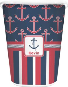 rnk shops personalized nautical anchors & stripes waste basket - single sided (white)