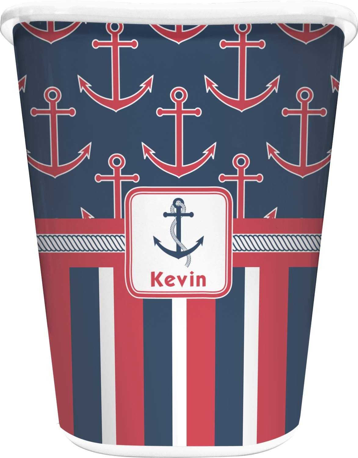 RNK Shops Personalized Nautical Anchors & Stripes Waste Basket - Single Sided (White)