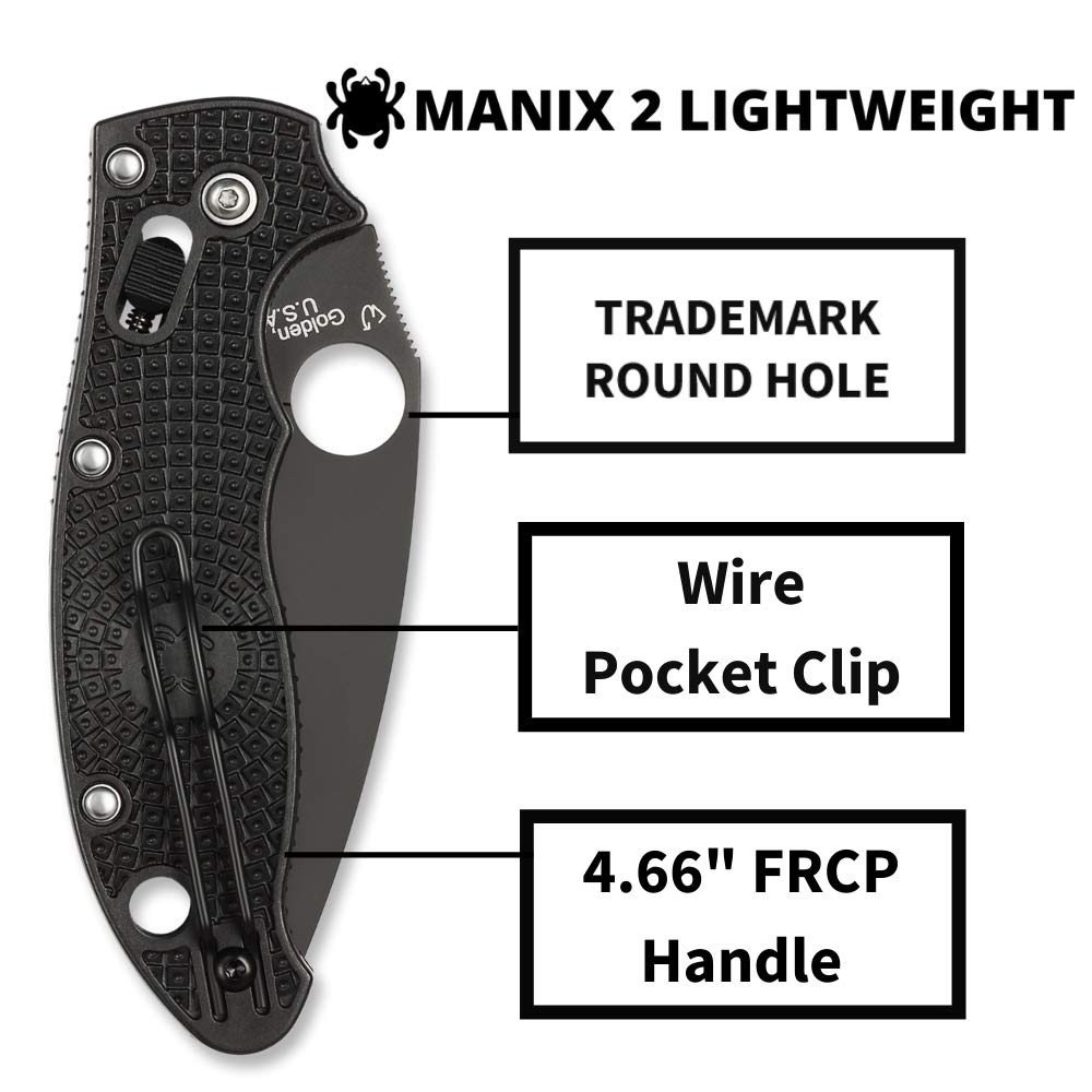 Spyderco Manix 2 Lightweight Signature Knife with 3.37" CTS BD1 Black Steel Blade and Black FRCP Handle - PlainEdge - C101PBBK2