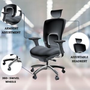 GM Seating - Ergonomic Office Chairs - High Back Desk Chair - Leather Executive Chair with Adjustable Headrest - Lumbar Support and 360 Swivel Chair for Ultimate Comfort and Productivity - Black