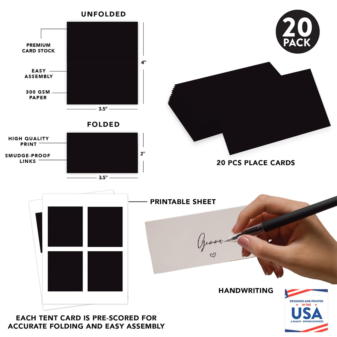 Andaz Press Table Tent Printable Place Cards, Black 20-Pack, Seat Placement Cards Place cards Table Settings Name Cards for Baby Bridal Wedding Shower, School Graduation Food Cards