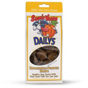 sams yams sweet potato dog treats, healthy dog treats for large, medium or small breed dogs, vegan sweet potato dog chews made in usa - sam's yams daily's replenishing pumpkin recipe dog snacks, 7oz