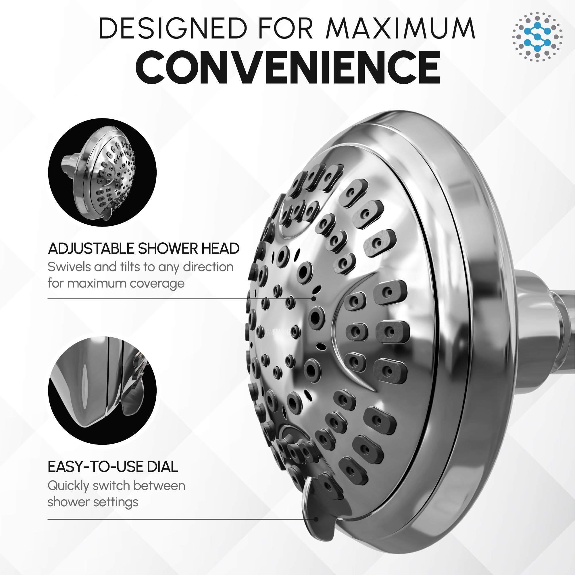 ShowerMaxx Luxury Spa Series Shower Head, 6 Spray Setting, 4.5 Inch Adjustable High Pressure Shower Head Fixture for Hard Water, 360-Degree Tilt Massage Shower System - Polished Chrome Shower Head