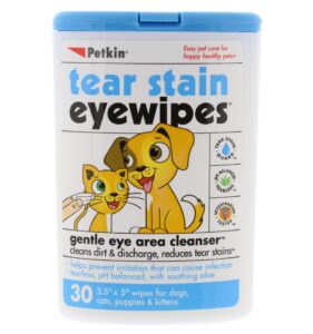 petkin pet eye wipes, 30 moist wipes - gentle eye cleaning wipes remove dirt, discharge, & tear stains - super convenient pet wipes for dogs, cats, puppies & kittens - ideal for home or travel