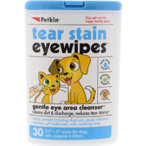 Petkin Pet Eye Wipes, 30 Moist Wipes - Gentle Eye Cleaning Wipes Remove Dirt, Discharge, & Tear Stains - Super Convenient Pet Wipes for Dogs, Cats, Puppies & Kittens - Ideal for Home or Travel