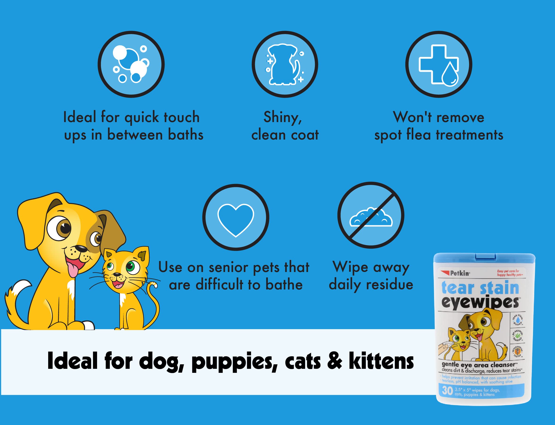 Petkin Pet Eye Wipes, 30 Moist Wipes - Gentle Eye Cleaning Wipes Remove Dirt, Discharge, & Tear Stains - Super Convenient Pet Wipes for Dogs, Cats, Puppies & Kittens - Ideal for Home or Travel