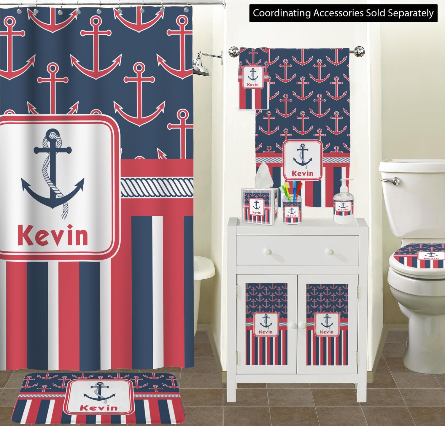 RNK Shops Personalized Nautical Anchors & Stripes Waste Basket - Single Sided (White)