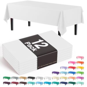 exquisite 12-pack premium plastic tablecloth 54 inch. x 108 inch. rectangle table cover-white