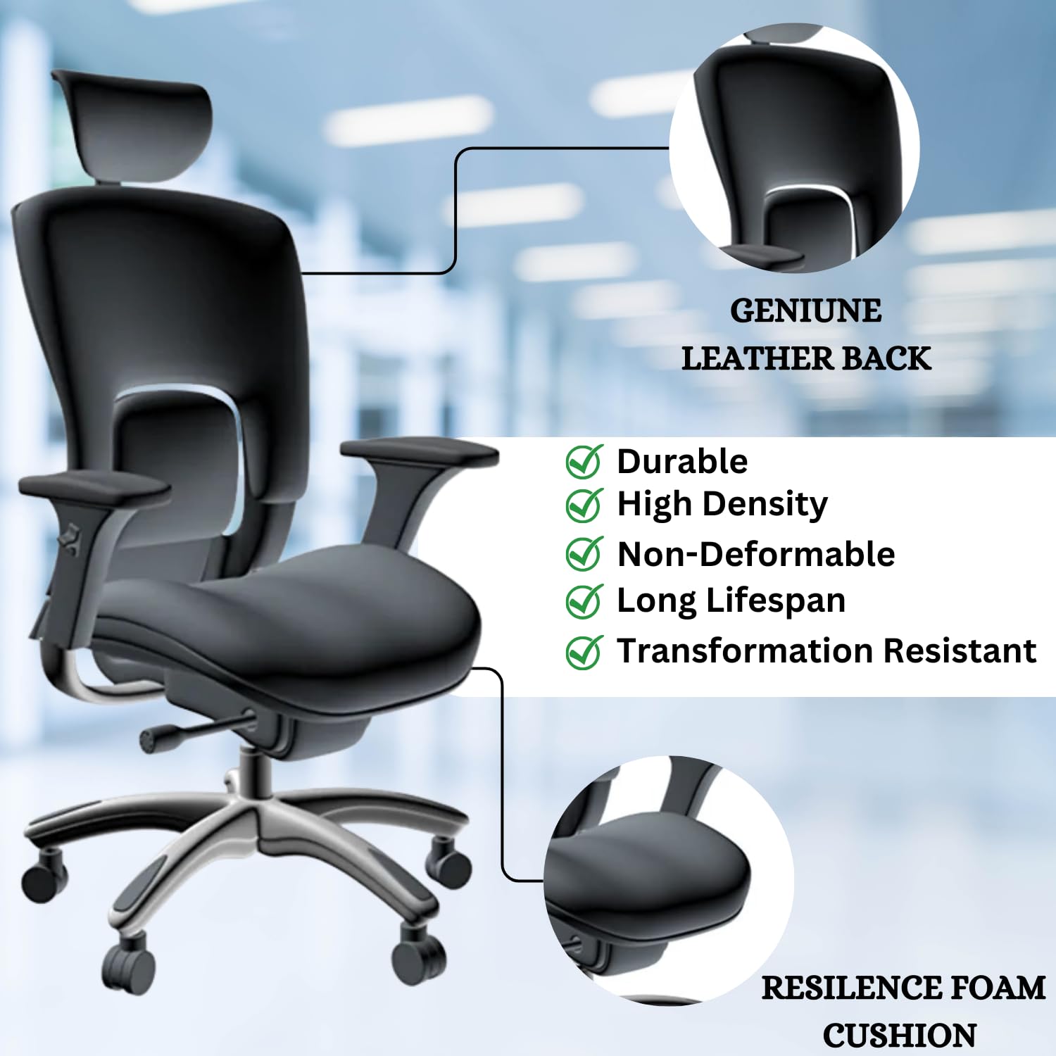 GM Seating - Ergonomic Office Chairs - High Back Desk Chair - Leather Executive Chair with Adjustable Headrest - Lumbar Support and 360 Swivel Chair for Ultimate Comfort and Productivity - Black