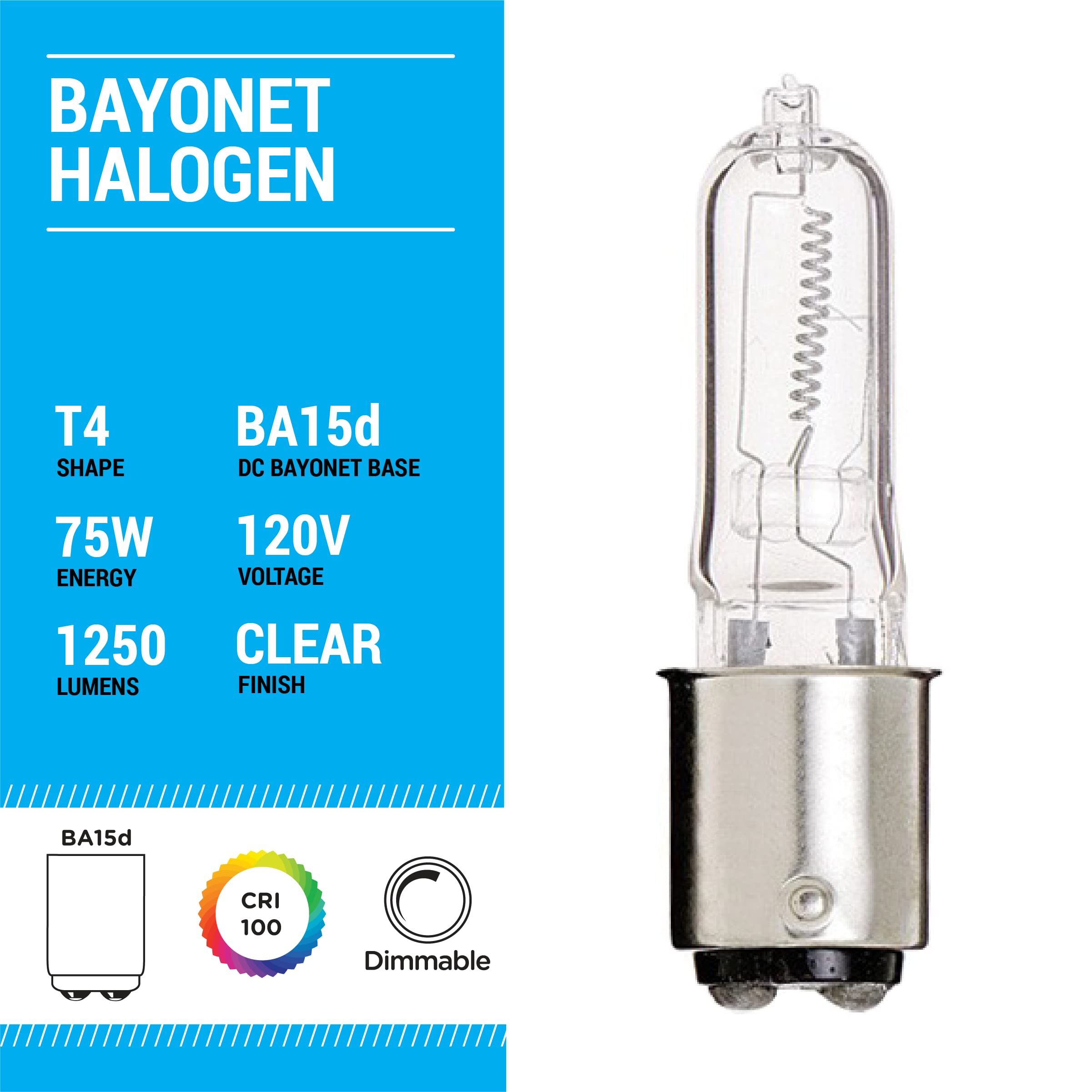 KOR (Pack of 10) Q75CL/DC - 120-Volt - Halogen JD Type T4 - BA15D - DC Bayonet Base - 75-Watt - Clear Light Bulbs