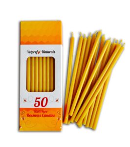 50 all natural décor 100% pure beeswax taper candles – tall (6 in), unscented, dripless, smokeless, slow burning, non toxic, honey scent - for home, dinner, cake, prayer, church, hanukkah, christmas