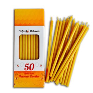 50 All Natural Décor 100% Pure Beeswax Taper Candles – Tall (6 in), Unscented, Dripless, Smokeless, Slow Burning, Non Toxic, Honey Scent - for Home, Dinner, Cake, Prayer, Church, Hanukkah, Christmas