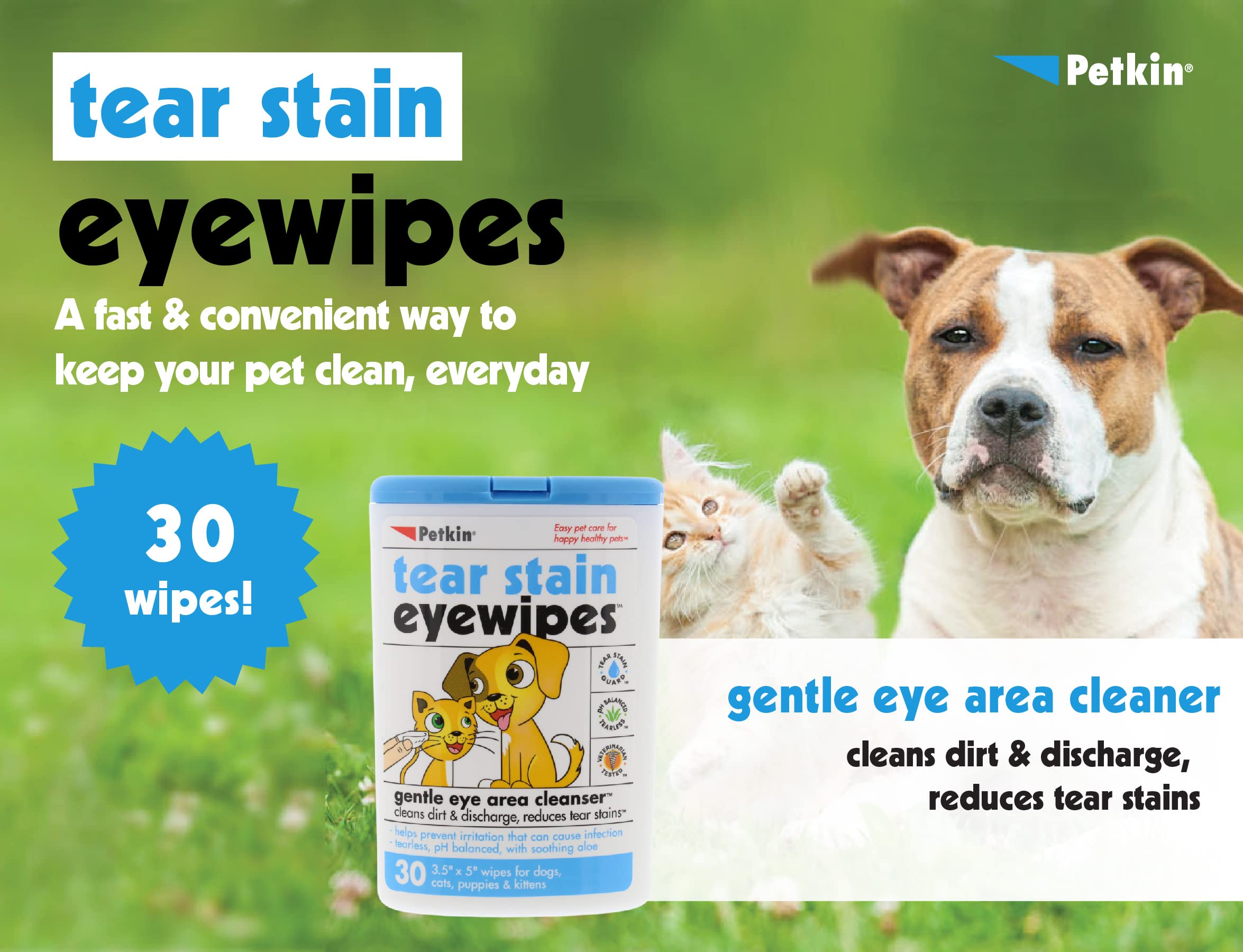 Petkin Pet Eye Wipes, 30 Moist Wipes - Gentle Eye Cleaning Wipes Remove Dirt, Discharge, & Tear Stains - Super Convenient Pet Wipes for Dogs, Cats, Puppies & Kittens - Ideal for Home or Travel