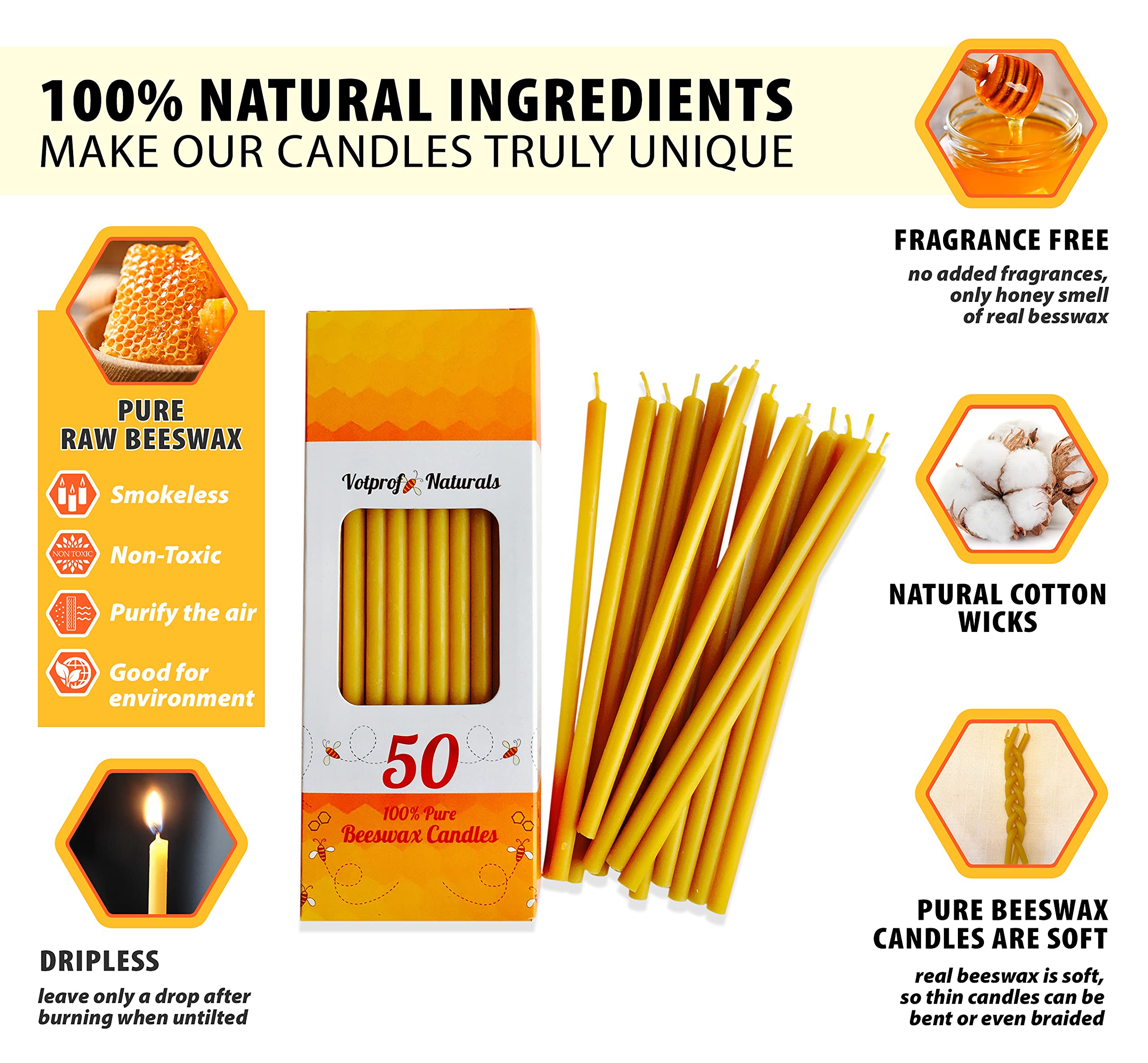 50 All Natural Décor 100% Pure Beeswax Taper Candles – Tall (6 in), Unscented, Dripless, Smokeless, Slow Burning, Non Toxic, Honey Scent - for Home, Dinner, Cake, Prayer, Church, Hanukkah, Christmas