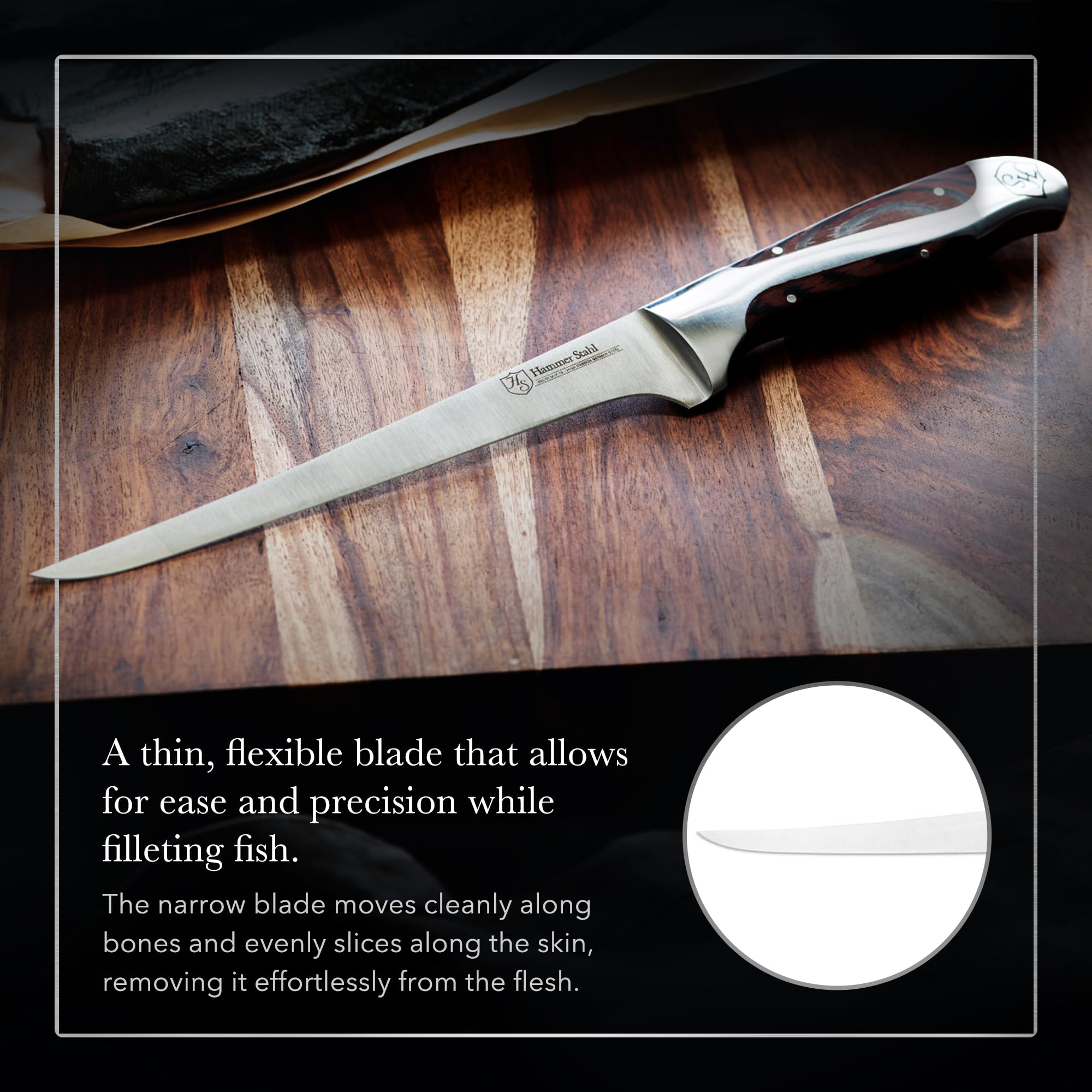 Hammer Stahl 9-Inch Fillet Knife | German Forged High Carbon Steel Fishing Knife | Flexible Kitchen Knife For Filleting, Boning, Trimming & Slicing | Ergonomic Quad-Tang Pakkawood Handle & Gift Box