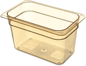 carlisle foodservice products storplus high heat food pan steam table pan, chafing pan with spoonable corners for catering, buffets, restaurants, high heat plastic, 1/4 size 6 inches deep, amber